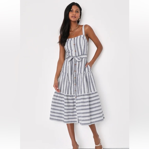 Lulus Dresses & Skirts - NWOT Lulus Montauk Memories Blue and White Strip Midi Dress with Pockets - Large